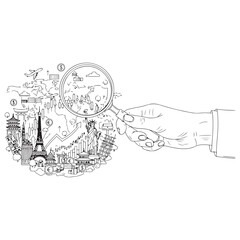 Monochrome Sketch Illustrating Global Finance, Travel, and Market Analysis