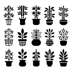 Potted Plant Icon Set – Black Silhouette Plants in Various Pots