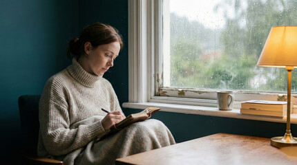 Woman writing in journal on rainy day