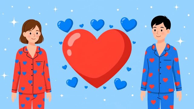 A joyful couple in matching Valentine Day Pajamas shares an intimate moment, surrounded by floating hearts in a romantic, star-filled illustration