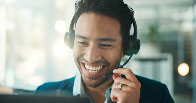 Funny, headset and man with laptop for call center, account balance or credit service. Computer, agent and person talk to customer in office for banking support, financial help or laugh at joke - Powered by Adobe