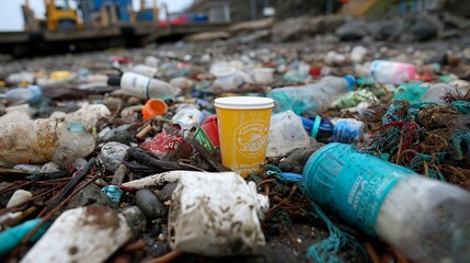 Fishing nets and floats in the harbor with smoke rising from a fresh meat barbecue grill