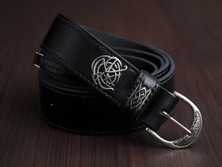 Elegant black leather belt with celtic knotwork silver buckle and emblem detail