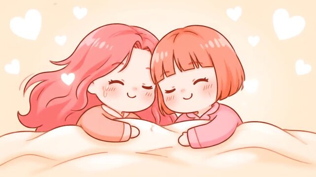 Adorable Cartoon Girls Cuddling Sweetly in Cozy Valentine Day Pajamas, Surrounded by Hearts - A Perfect Loving Moment Illustration