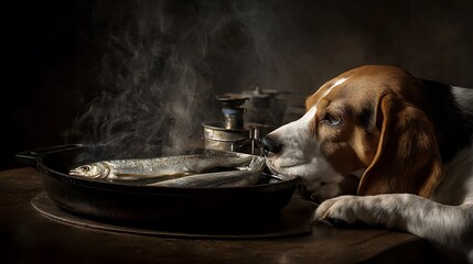 Cute domestic beagle puppy in a bowl eating food in the kitchen