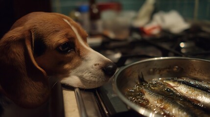 Cute domestic beagle puppy in a bowl eating food in the kitchen