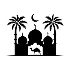 Islamic Mosque Silhouette with Palm Trees & Camel | Arabic Wall Art Vector