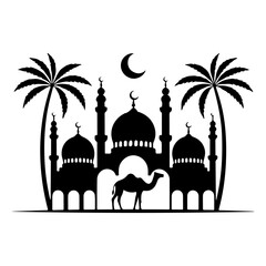 Islamic Mosque Silhouette with Palm Trees & Camel | Arabic Wall Art Vector