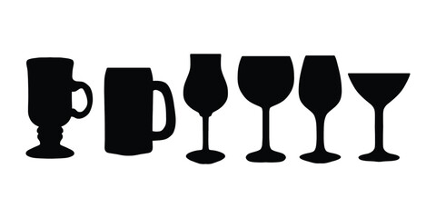 Drinkware Silhouette Vector Set Glass and Mug Icons. Beverage Glass Silhouette Pack