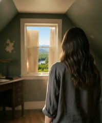 Woman looking out boarded window at sunlit landscape through crack.