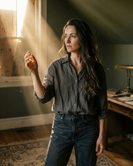 Contemplative woman reaches for sunlight in room