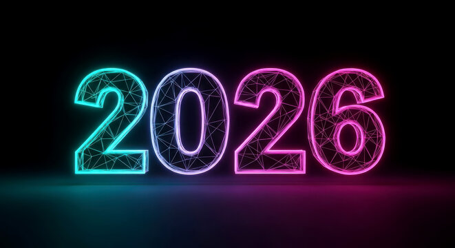 Vibrant neon glowing 2026 digital numbers for new year and future concepts