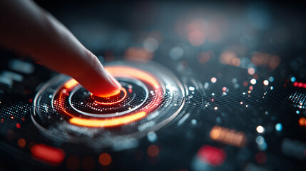 Futuristic HUD target pointer with glowing digital numbers and sleek interface elements, symbolizing precision, advanced cyber technology, data tracking, and high-tech control in a dark immersive sett