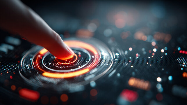 Futuristic HUD target pointer with glowing digital numbers and sleek interface elements, symbolizing precision, advanced cyber technology, data tracking, and high-tech control in a dark immersive sett