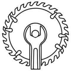 Monochrome Outline Icon of a Circular Saw Blade and Wrench