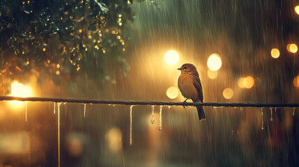 Small bird on a wire in the rain. Warm lights glow in the soothing background.