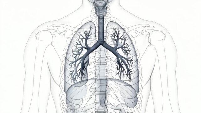 Transparent human torso anatomy showing lungs trachea bronchi diaphragm and rib cage medical