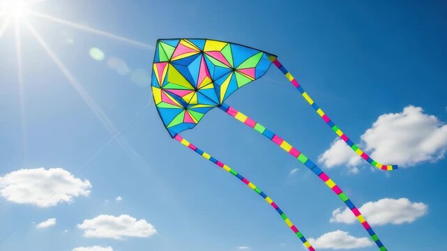 Vibrant geometric kite soaring high against a brilliant blue sky with fluffy white clouds and a bright sun