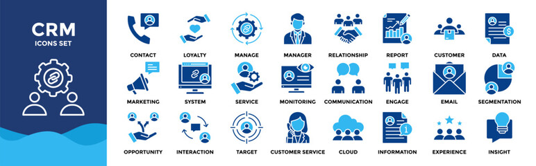 CRM icon set collection. an icon pack contain customer, relationship, manage, loyalty, contact, data, report