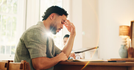 Frustrated man, headache and home with stress, fatigue or strain for overworked, anxiety or...