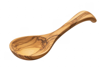 Curved wooden olive wood serving spoon with natural grain patterns isolated on a transparent background