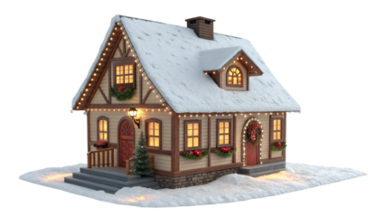 Cozy snow covered christmas village house with lights isolated on transparent background isolated on white background