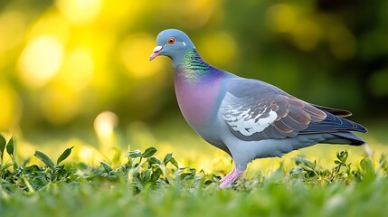 Gray pigeon bird in green city park grass