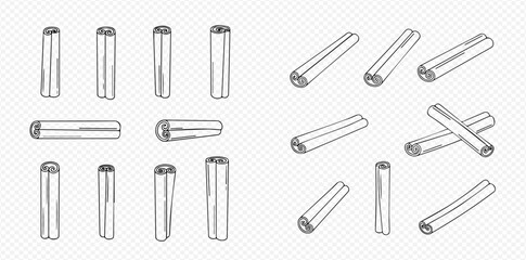 Hand-drawn sketch set of various cinnamon sticks, aromatic spice for cooking and baking.