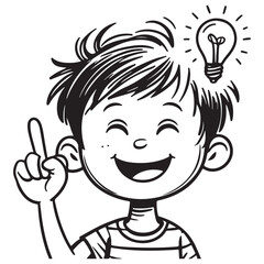 Smiling Cartoon Boy with Bright Idea Light Bulb and Pointing Finger