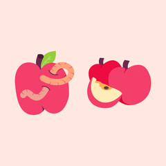 Bitten red apple with a worm peeking out. Clean, simple fruit illustration perfect for food themes, organic concepts, kids’ materials, and educational designs.