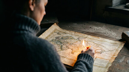Woman holding match revealing ancient map on dusty table.