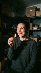 Woman laughing as gust nearly extinguishes match.