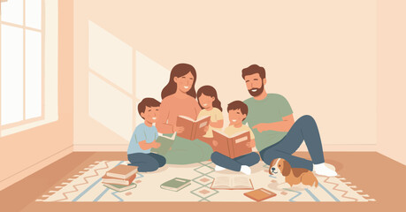 &ldquo;Cute flat illustration of a family reading books together on the floor, warm muted palette, round shapes, gentle shadows, peaceful bonding moment, suitable for editorial and commercial use.&rdquo;
