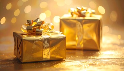 Two golden wrapped presents on a textured surface with out-of-focus golden bokeh lights