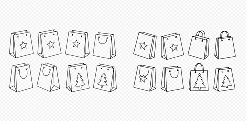 Hand-drawn line art illustration of various gift bags with star and Christmas tree designs, perfect for holiday shopping and presents.