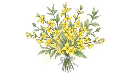 Illustration of Forsythia Flowers Bouquet with Ribbon, Perfect for Springtime Decor