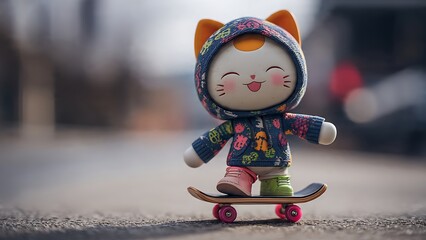 Adorable Cat Figurine in Hoodie Skateboarding on a Pavement.