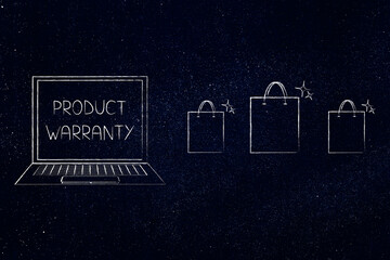 laptop with product warranty text and shopping bags illustration for ecommerce themes