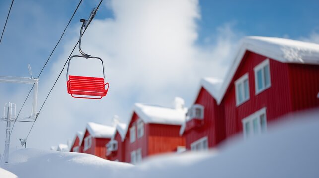 A bright red ski lift chair contrasts with snow-covered red cabins, illustrating a serene winter vacation scene.
