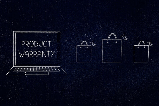 laptop with product warranty text and shopping bags illustration for ecommerce themes