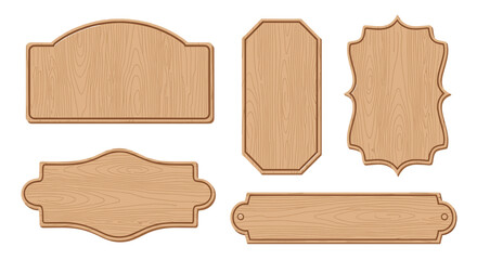 Collection of various blank wooden signboards and plaques with realistic wood grain texture, perfect for rustic labels or banners.