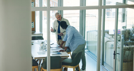 Business men, meeting and planning with tablet for brand proposal, advertising or training. Technology, discussion and team in office for campaign mentorship, coaching and help with project feedback