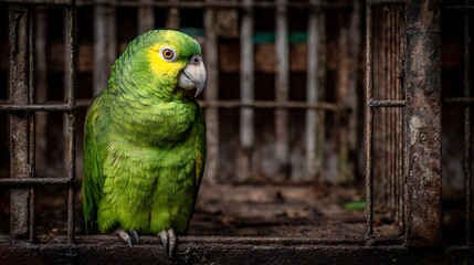 Green and yellow macaw, a colorful tropical bird with a large beak, perching on a branch in nature