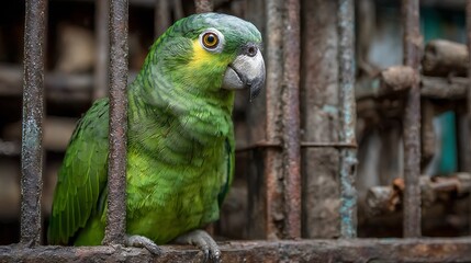 Green and yellow macaw, a colorful tropical bird with a large beak, perching on a branch in nature