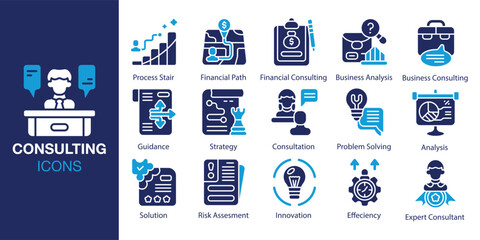 Consulting Icon set. Containing corporate, meeting, teamwork, solution, analysis and more. Solid vector icons collection. Vector illustration.