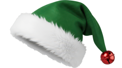 Green elf hat with white trim and a red jingle bell on the end.