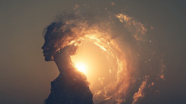 Artistic silhouette of a person blending into a cosmic swirl and fiery landscape, symbolizing imagination and creativity.