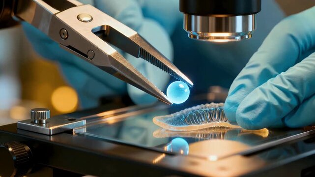 Close-up of a scientist in blue gloves using tweezers to manipulate a small blue sphere on a microscope slide.
