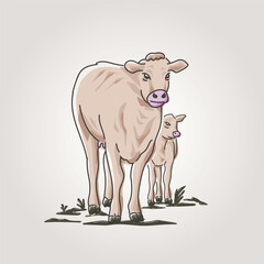 mother cow and calf retro vector illustration. mother cattle and calf vintage vector graphic design