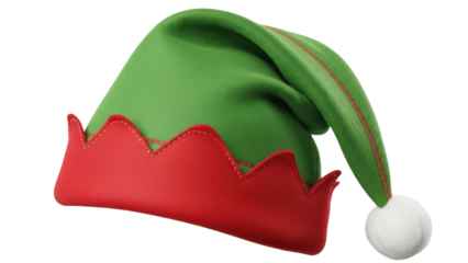 A festive elf hat with a green top, red trim, and a white pom-pom, perfect for Christmas celebrations.